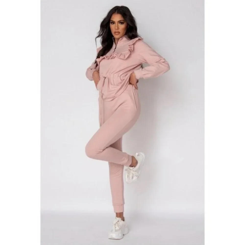 Pink Long Sleeve High Neck Frill Detail Top and Jogger Pants Two Piece Set - Picture 9 of 11
